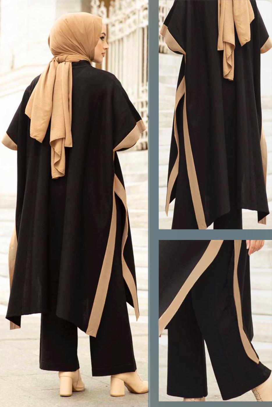 Tesettür giyim SİYAH İKİ RENKLİ TRİKO ÜÇLÜ PANTOLONLU TAKIM 30228