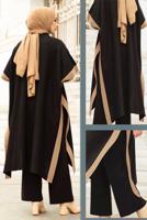 Tesettür giyim SİYAH İKİ RENKLİ TRİKO ÜÇLÜ PANTOLONLU TAKIM 30228