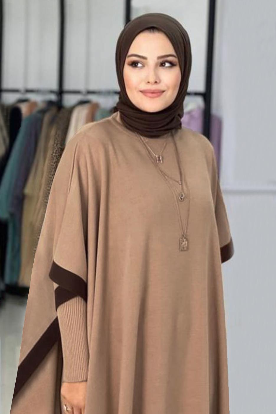 Tesettür giyim TABA İKİ RENKLİ TRİKO ÜÇLÜ PANTOLONLU TAKIM 30228