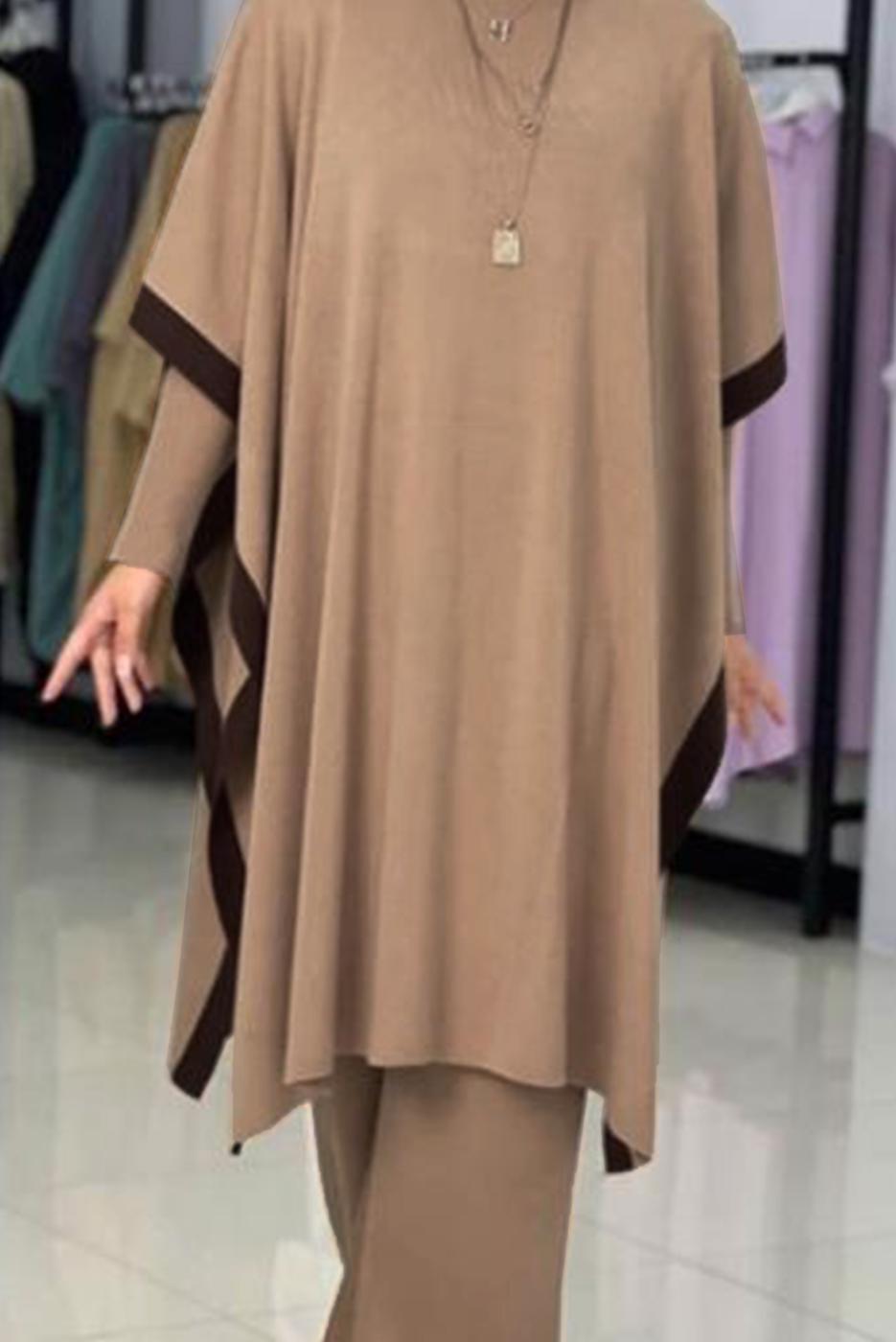 Tesettür giyim TABA İKİ RENKLİ TRİKO ÜÇLÜ PANTOLONLU TAKIM 30228