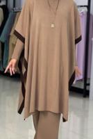 Tesettür giyim TABA İKİ RENKLİ TRİKO ÜÇLÜ PANTOLONLU TAKIM 30228