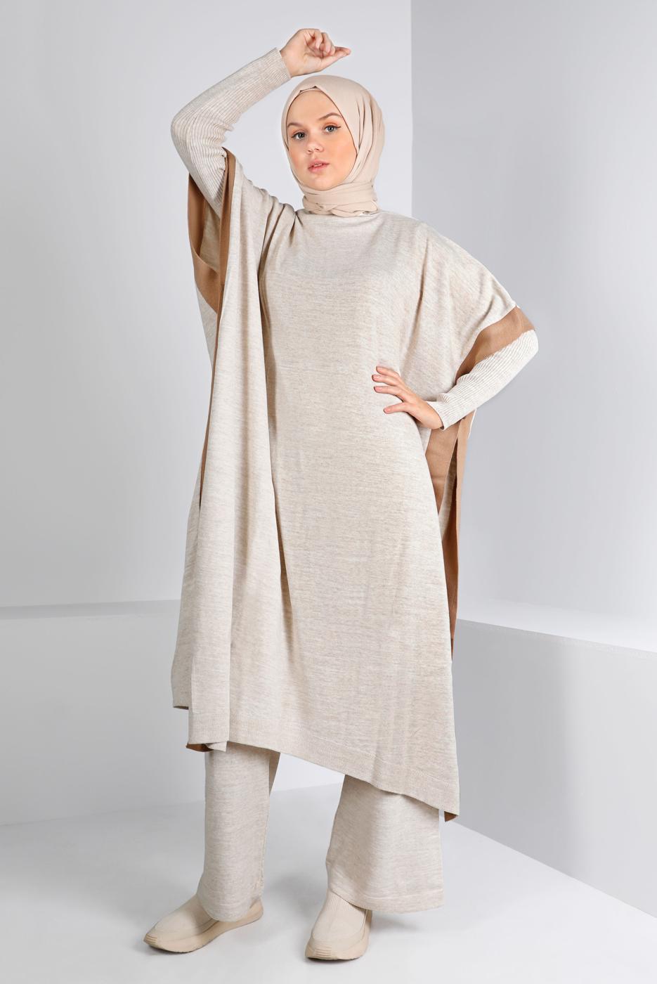 Tesettür giyim BEJ İKİ RENKLİ TRİKO ÜÇLÜ PANTOLONLU TAKIM 30228