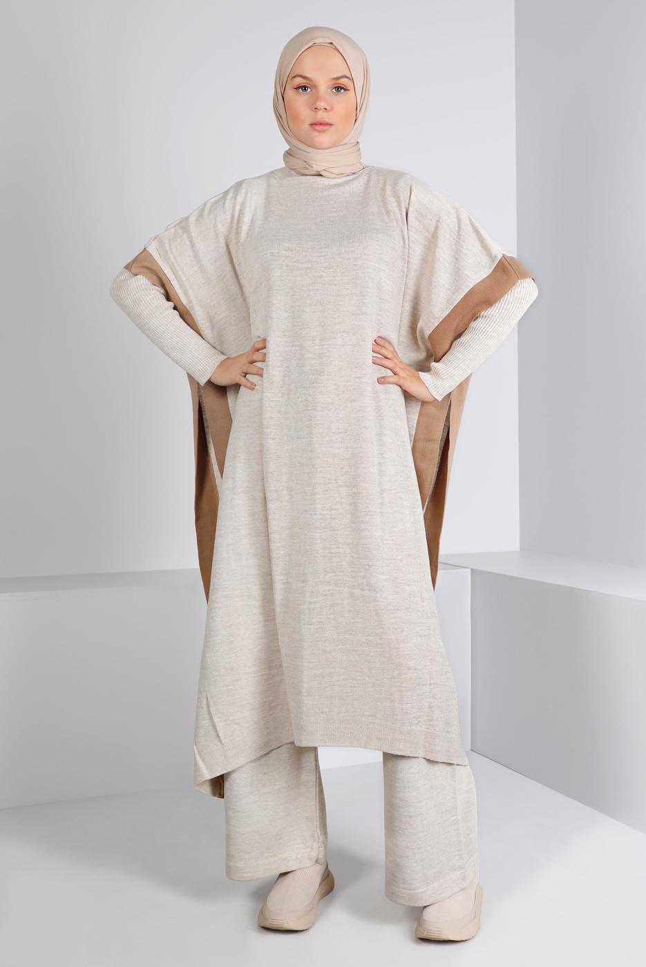Tesettür giyim BEJ İKİ RENKLİ TRİKO ÜÇLÜ PANTOLONLU TAKIM 30228