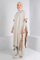 Tesettür giyim BEJ İKİ RENKLİ TRİKO ÜÇLÜ PANTOLONLU TAKIM 30228