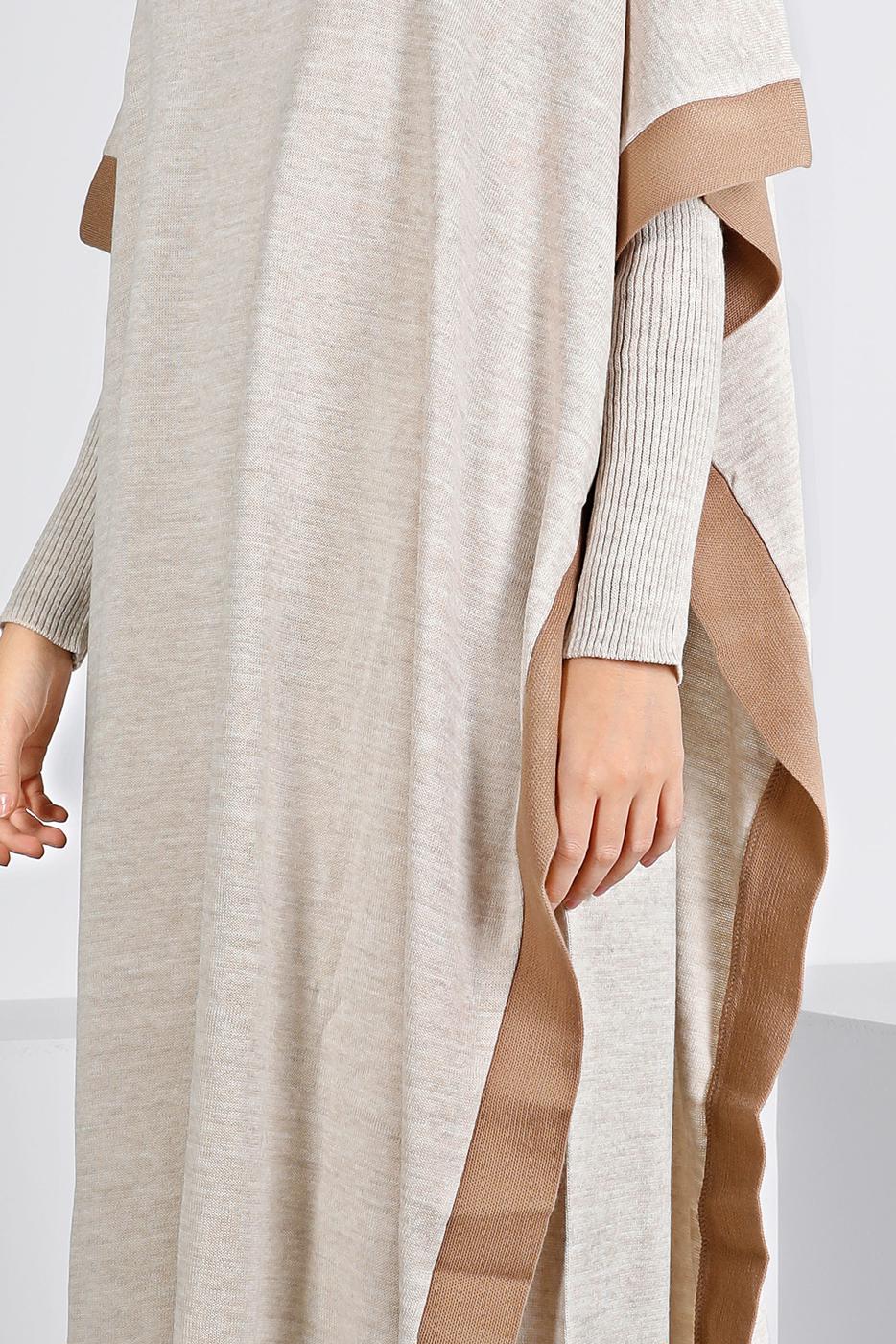 Tesettür giyim BEJ İKİ RENKLİ TRİKO ÜÇLÜ PANTOLONLU TAKIM 30228