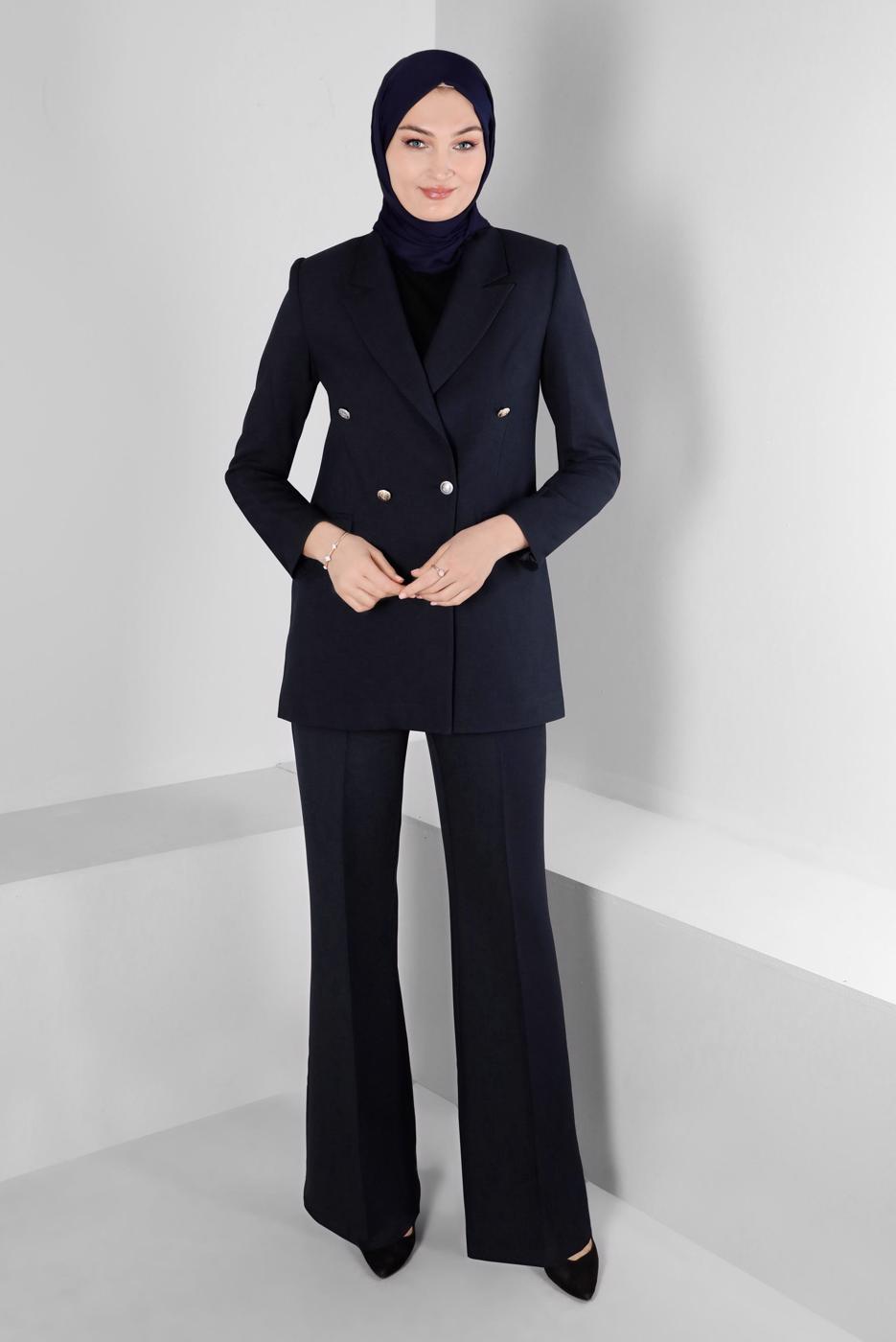 Tesettür giyim SİYAH ALVİNA İKİLİ PANTOLONLU TAKIM T 30303