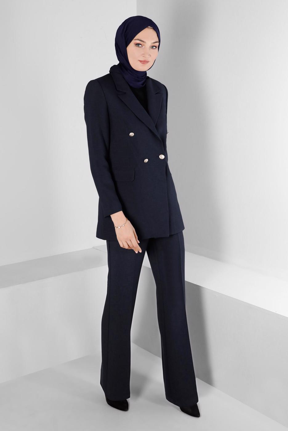 Tesettür giyim SİYAH ALVİNA İKİLİ PANTOLONLU TAKIM T 30303