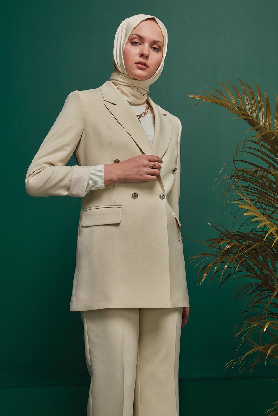 Tesettür giyim BEJ ALVİNA İKİLİ PANTOLONLU TAKIM T 30303