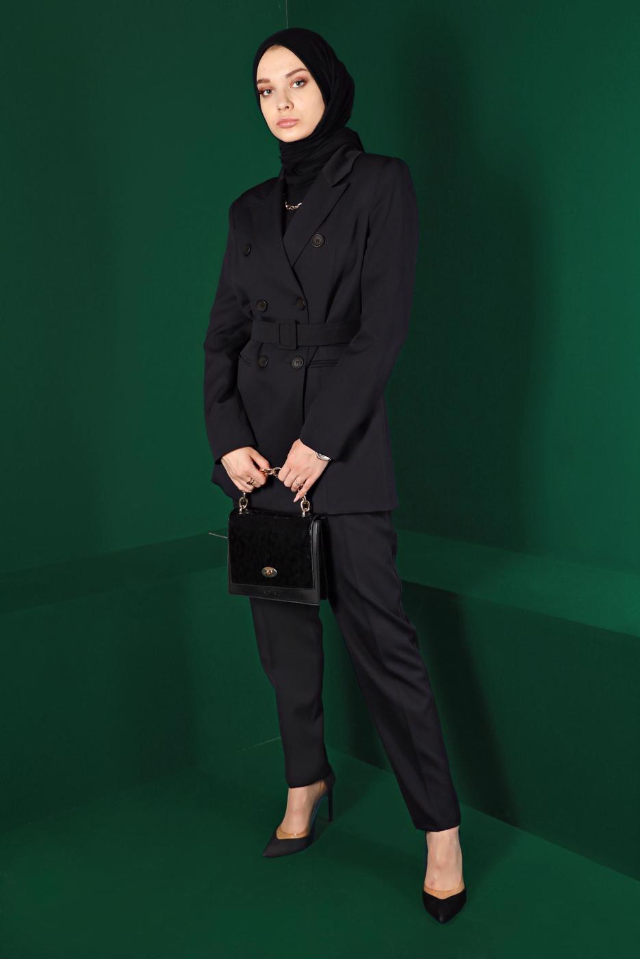 Tesettür giyim SİYAH ALVİNA KEMERLİ PANTOLONLU TAKIM T 30304