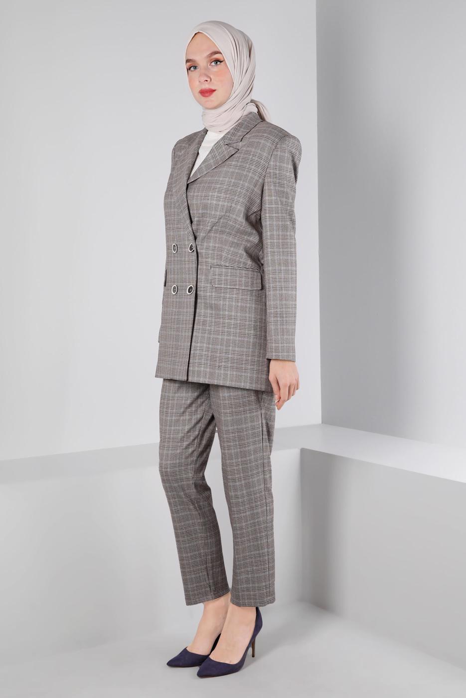 Tesettür giyim MAVİ ALVİNA KEMERLİ PANTOLONLU TAKIM T 30306