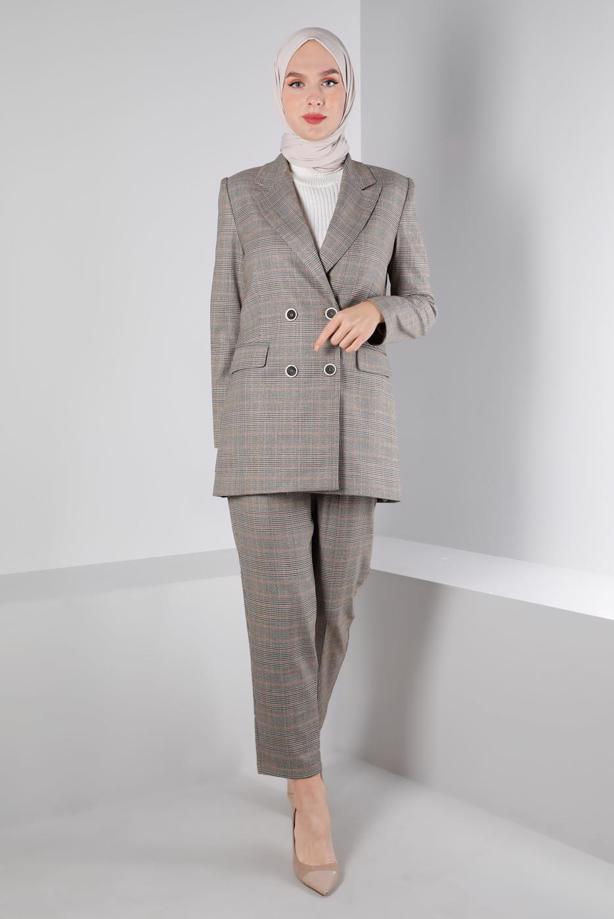 Tesettür giyim KAHVE ALVİNA KEMERLİ PANTOLONLU TAKIM T 30306 - TRENDTESETTÜR