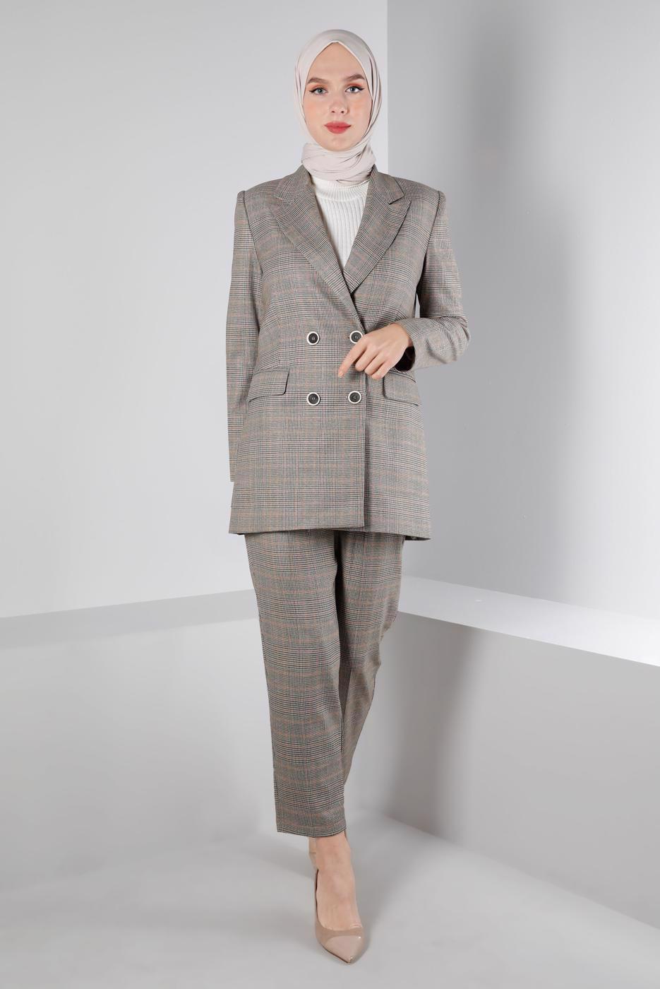 Tesettür giyim KAHVE ALVİNA KEMERLİ PANTOLONLU TAKIM T 30306