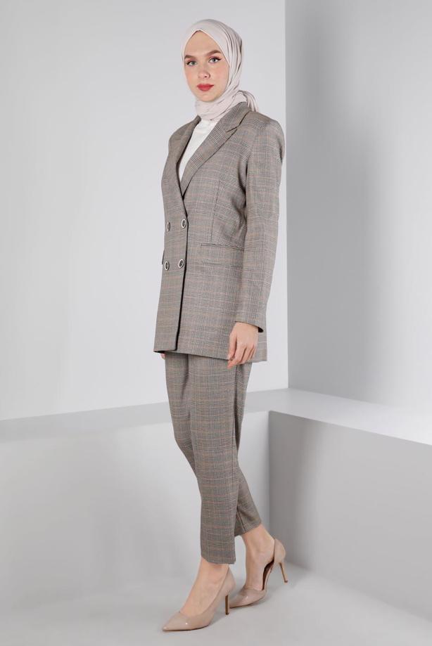 Tesettür giyim KAHVE ALVİNA KEMERLİ PANTOLONLU TAKIM T 30306 - TRENDTESETTÜR
