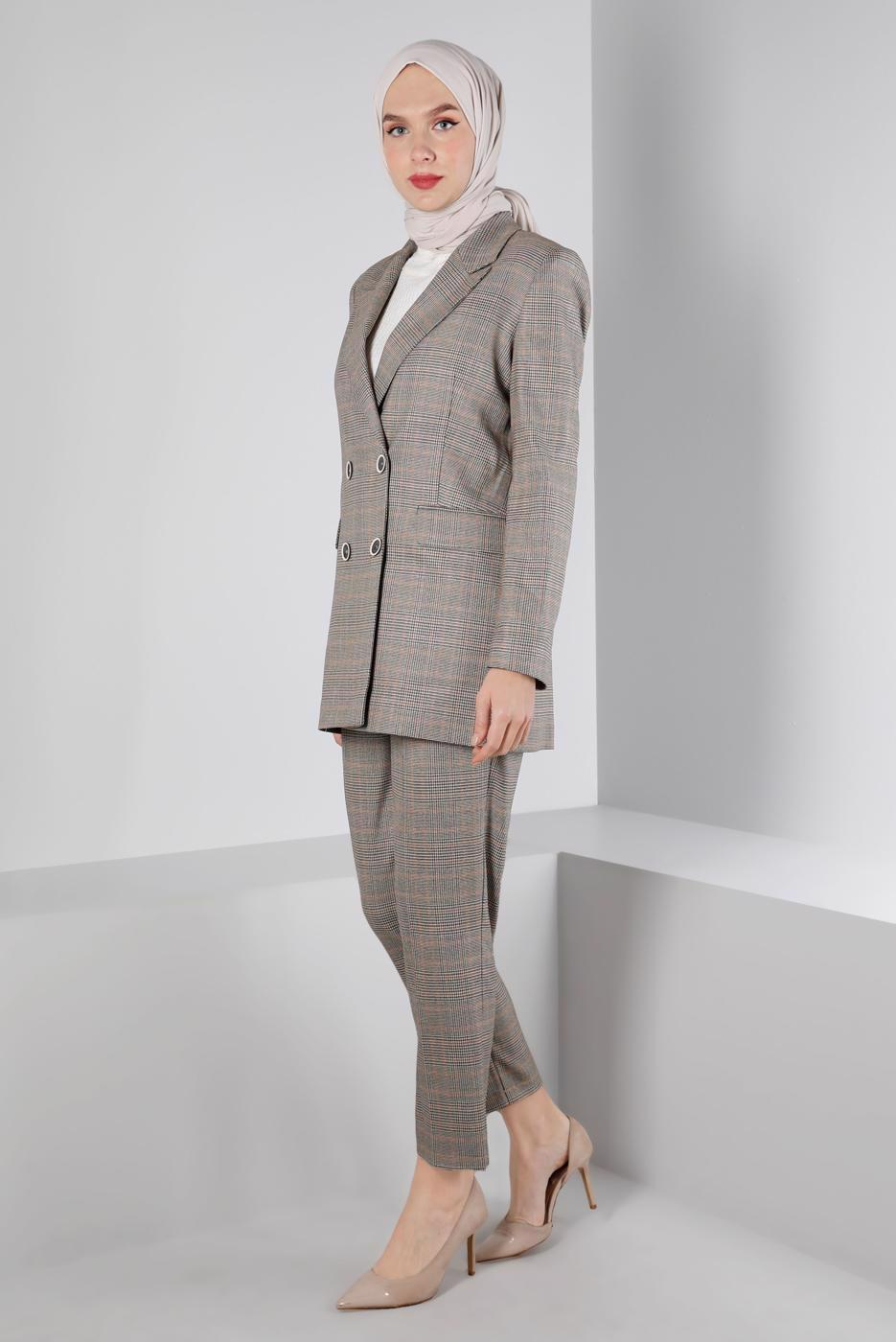Tesettür giyim KAHVE ALVİNA KEMERLİ PANTOLONLU TAKIM T 30306