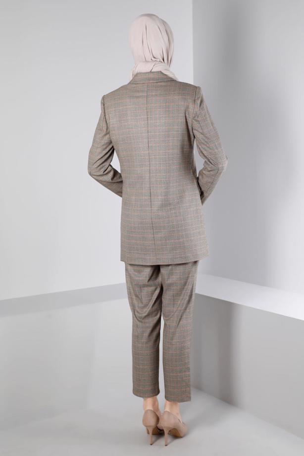 Tesettür giyim KAHVE ALVİNA KEMERLİ PANTOLONLU TAKIM T 30306 - TRENDTESETTÜR