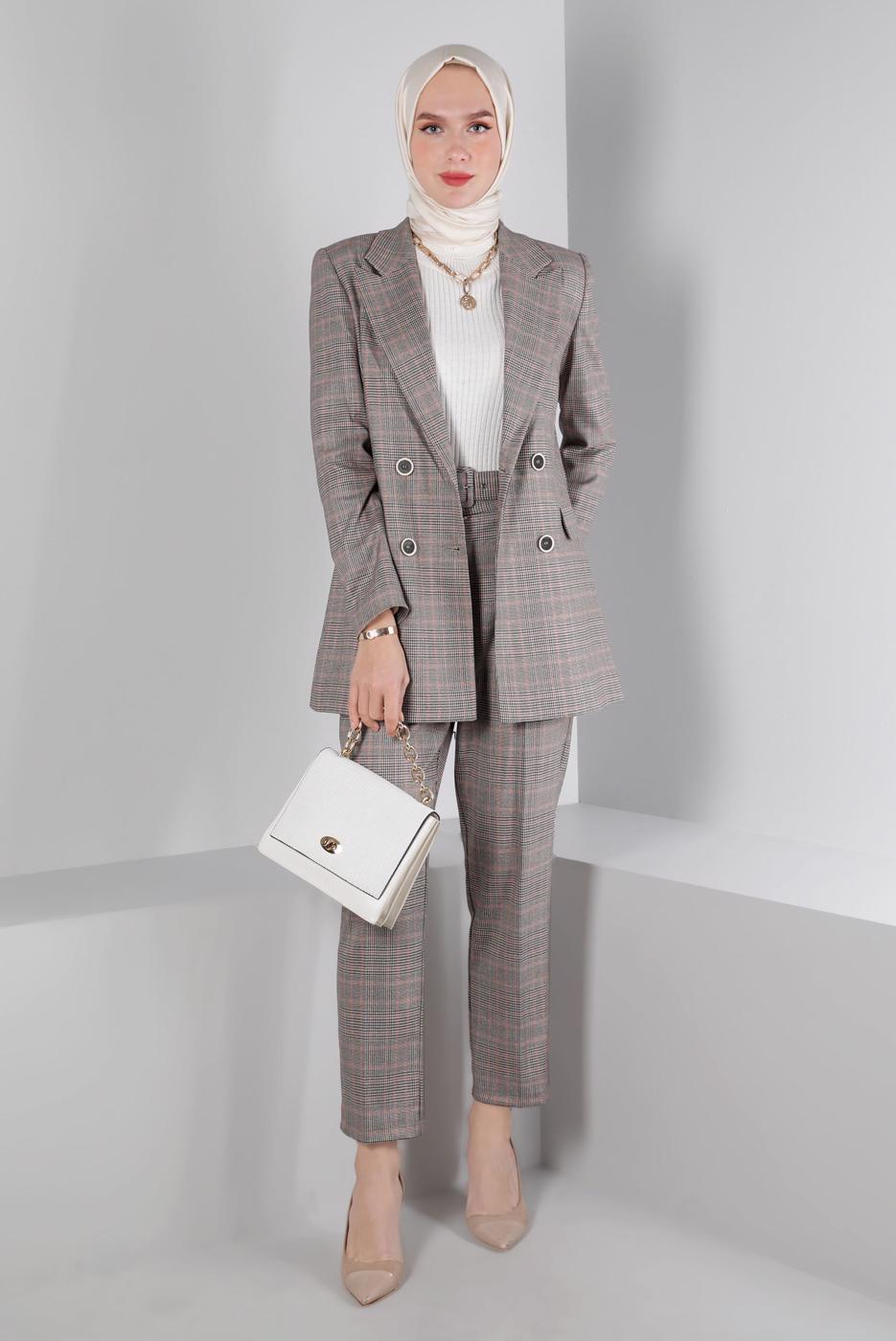 Tesettür giyim PEMBE ALVİNA KEMERLİ PANTOLONLU TAKIM T 30306