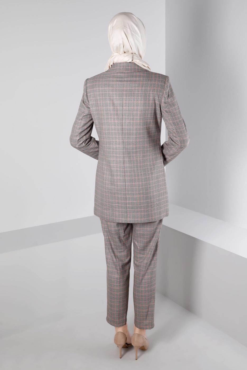 Tesettür giyim PEMBE ALVİNA KEMERLİ PANTOLONLU TAKIM T 30306