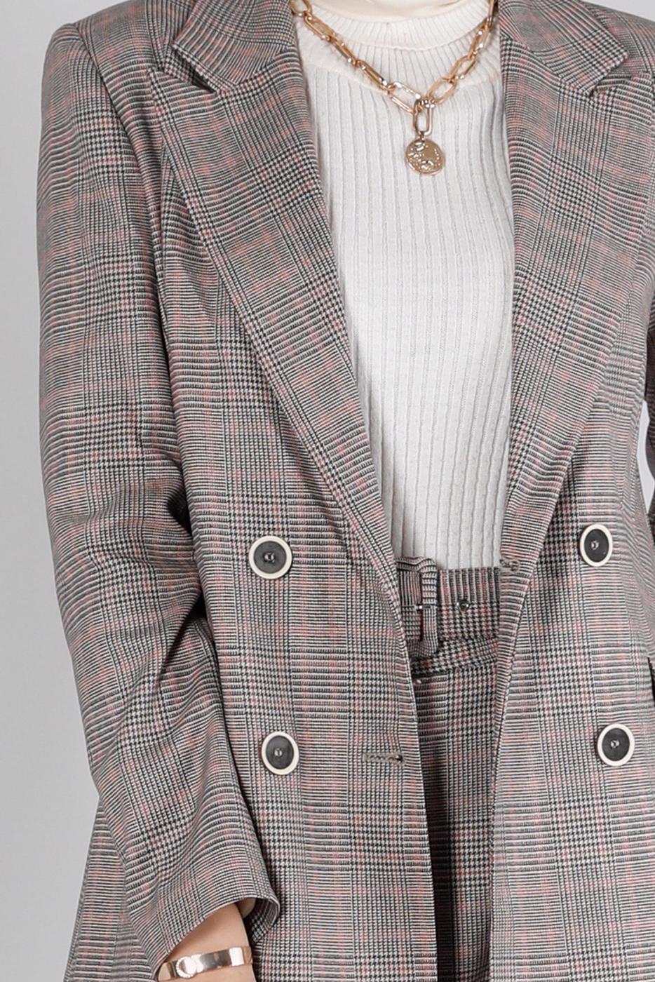 Tesettür giyim PEMBE ALVİNA KEMERLİ PANTOLONLU TAKIM T 30306