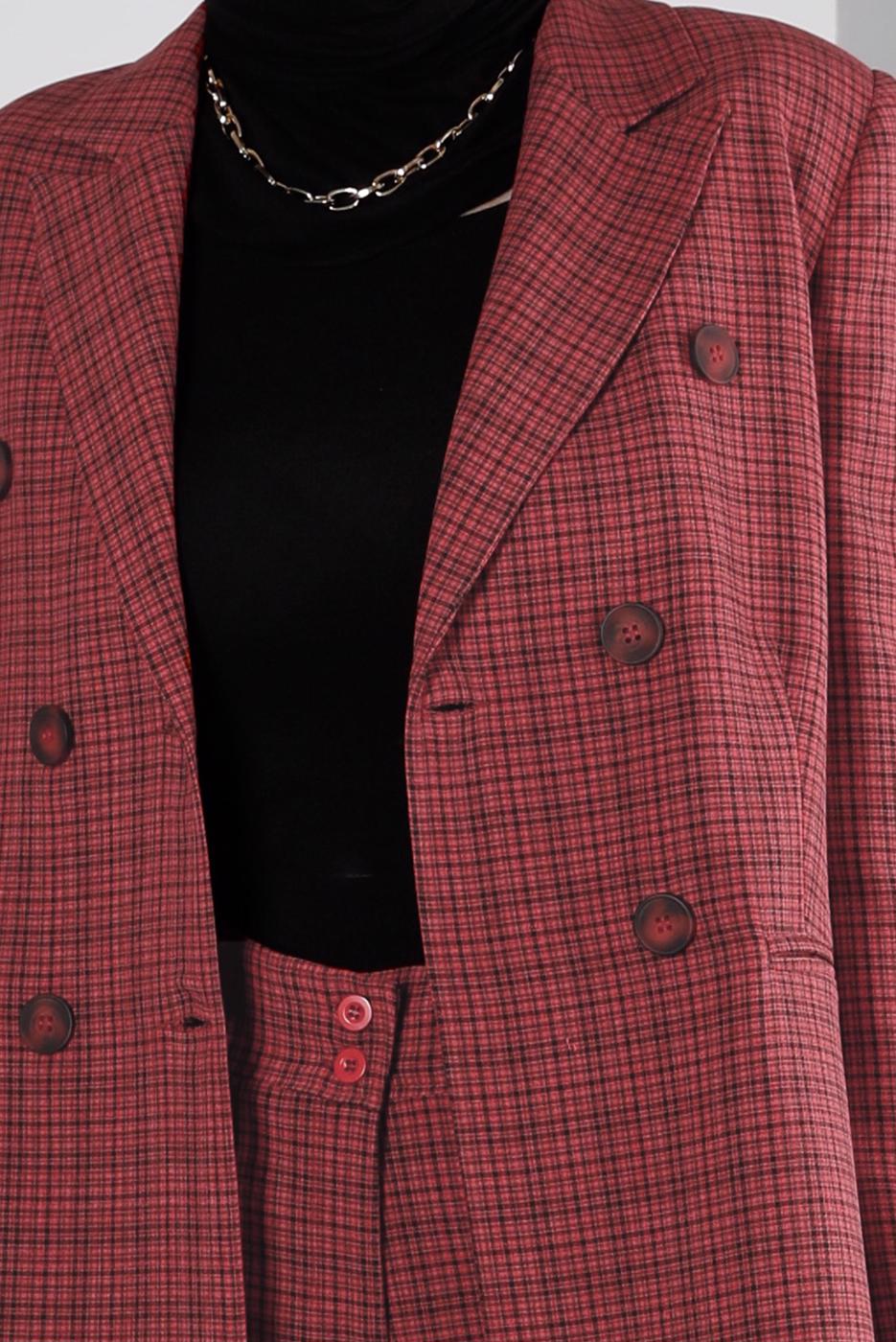 Tesettür giyim KIRMIZI ALVİNA PANTOLONLU TAKIM T 30307