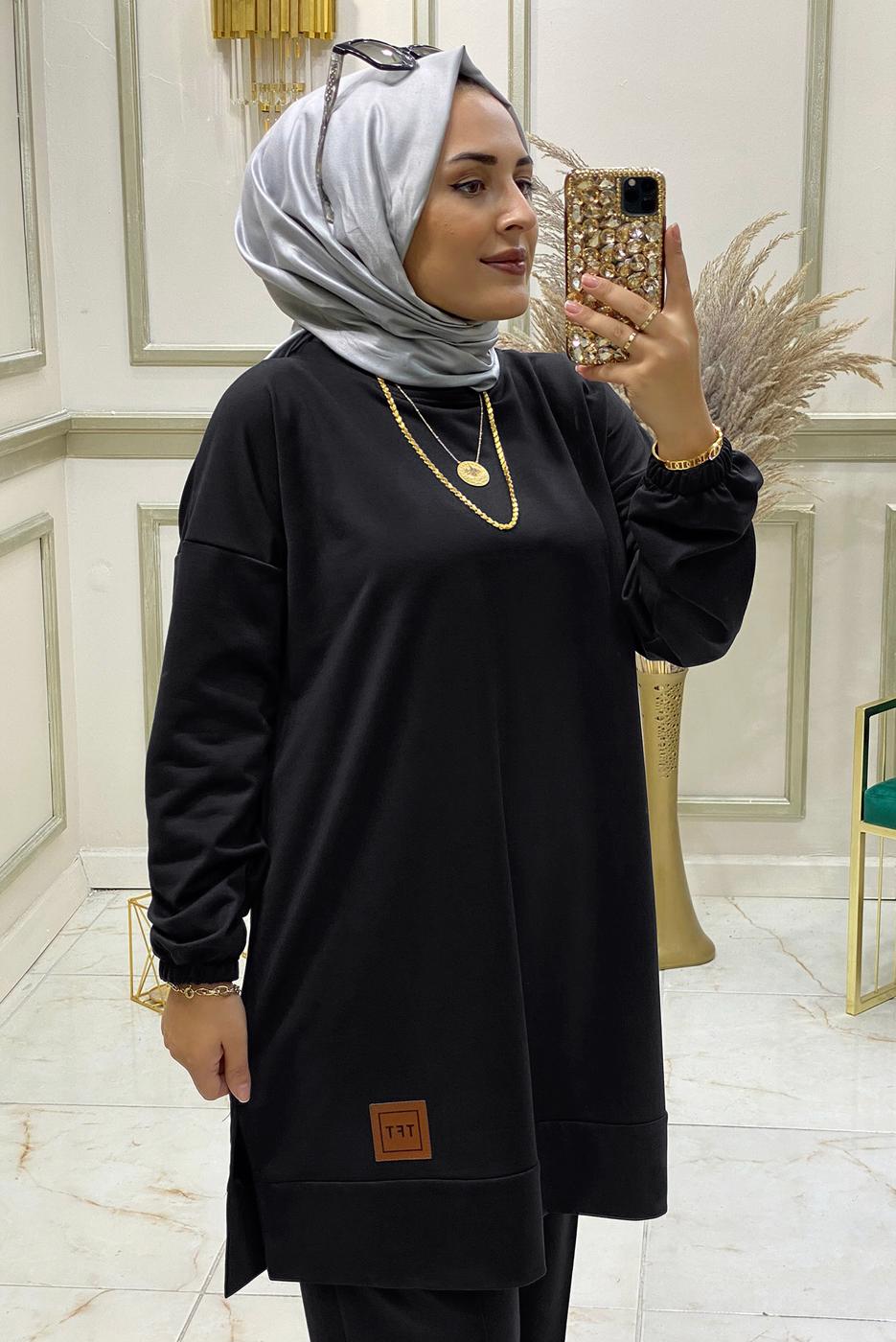 Tesettür giyim SİYAH BELİ LASTİKLİ PANTOLON TAKIMI T 3046 