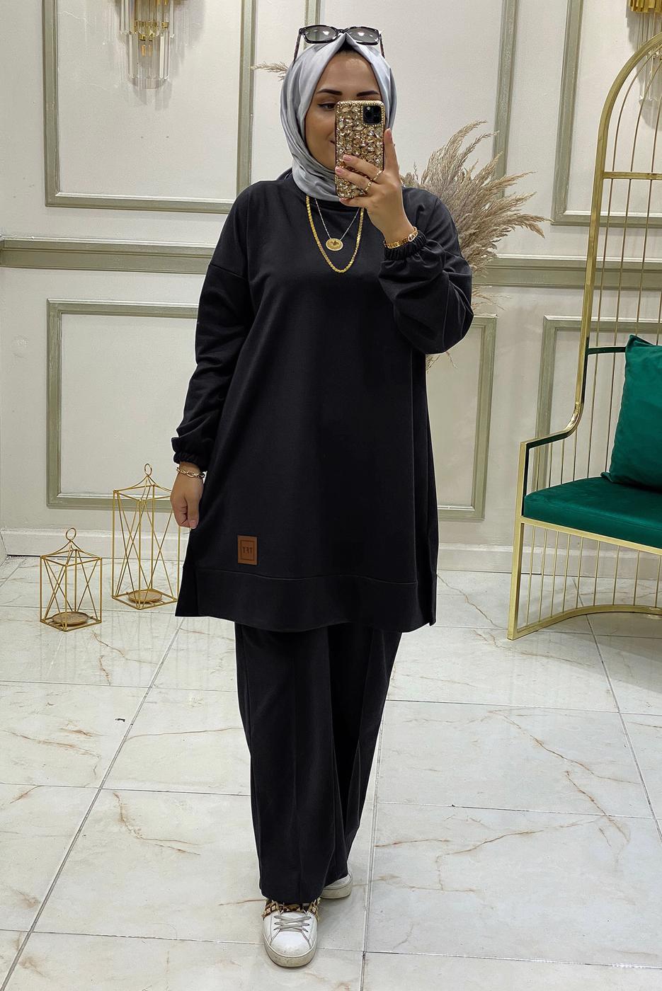 Tesettür giyim SİYAH BELİ LASTİKLİ PANTOLON TAKIMI T 3046 