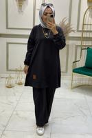 Tesettür giyim SİYAH BELİ LASTİKLİ PANTOLON TAKIMI T 3046 