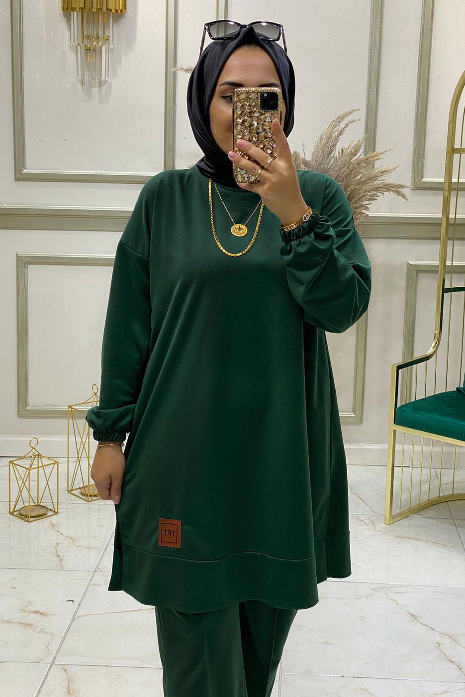 Tesettür giyim YEŞİL BELİ LASTİKLİ PANTOLON TAKIMI T 3046 