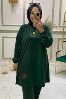 Tesettür giyim YEŞİL BELİ LASTİKLİ PANTOLON TAKIMI T 3046 