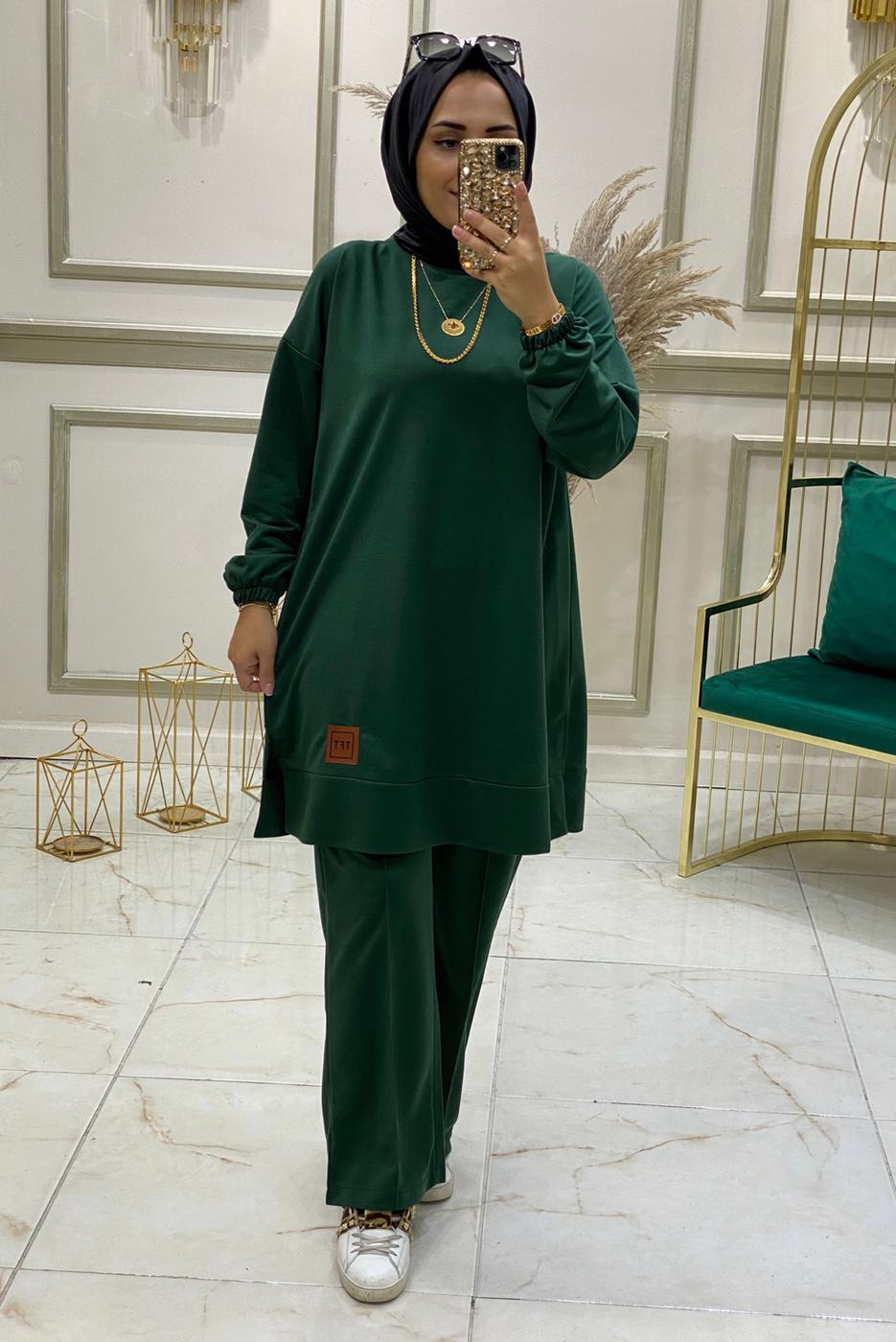Tesettür giyim YEŞİL BELİ LASTİKLİ PANTOLON TAKIMI T 3046 