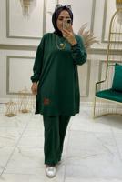 Tesettür giyim YEŞİL BELİ LASTİKLİ PANTOLON TAKIMI T 3046 