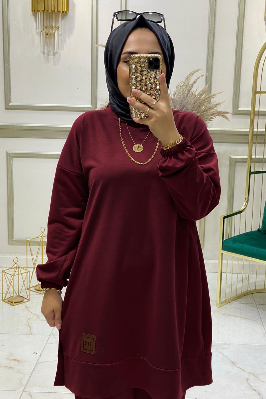 Tesettür giyim BORDO BELİ LASTİKLİ PANTOLON TAKIMI T 3046 