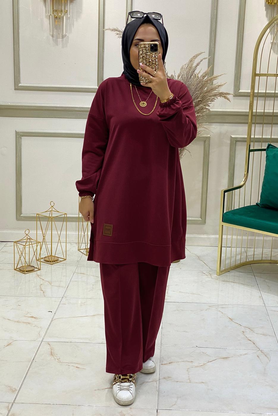 Tesettür giyim BORDO BELİ LASTİKLİ PANTOLON TAKIMI T 3046 