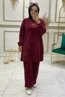 Tesettür giyim BORDO BELİ LASTİKLİ PANTOLON TAKIMI T 3046 