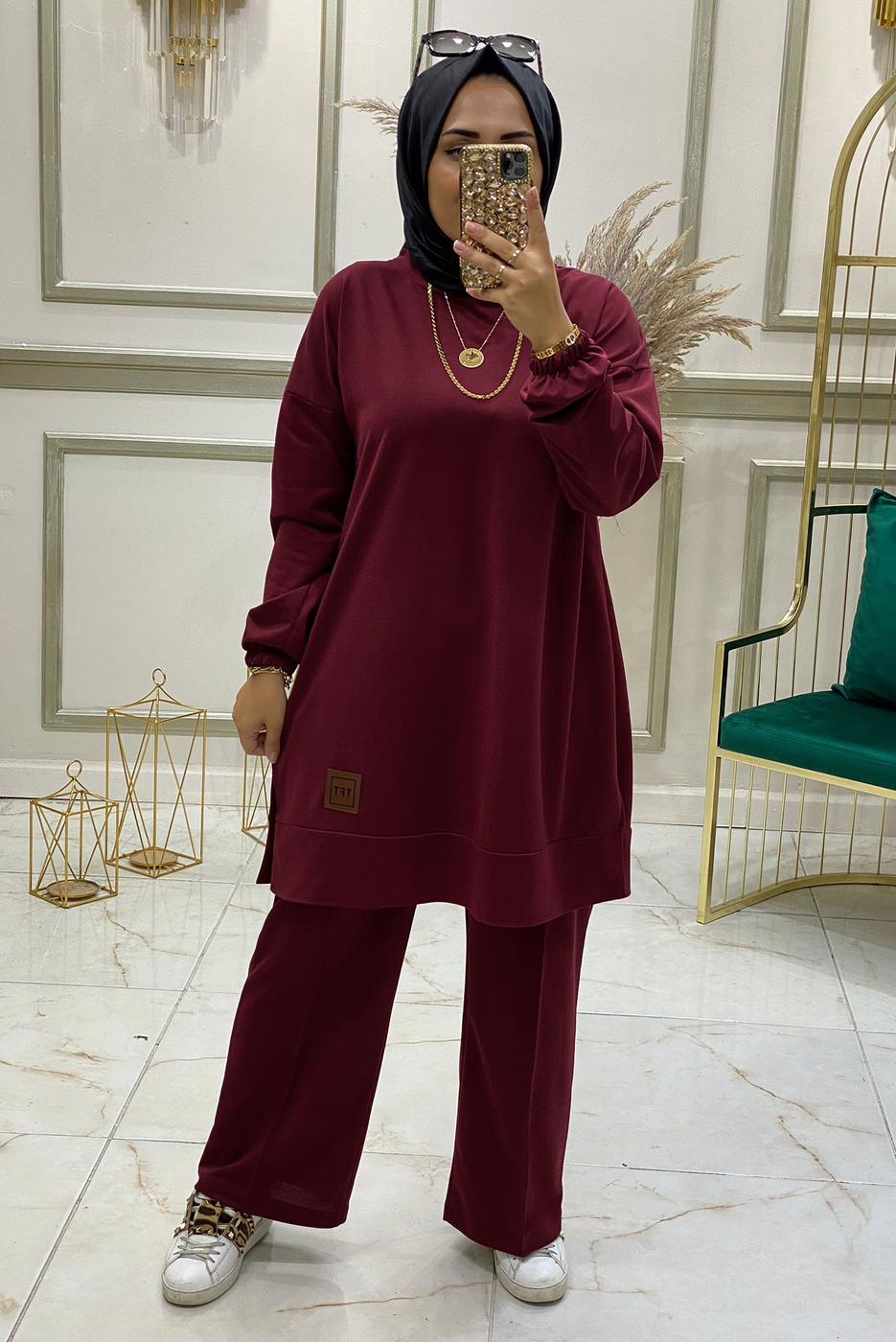 Tesettür giyim BORDO BELİ LASTİKLİ PANTOLON TAKIMI T 3046 