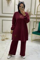 Tesettür giyim BORDO BELİ LASTİKLİ PANTOLON TAKIMI T 3046 