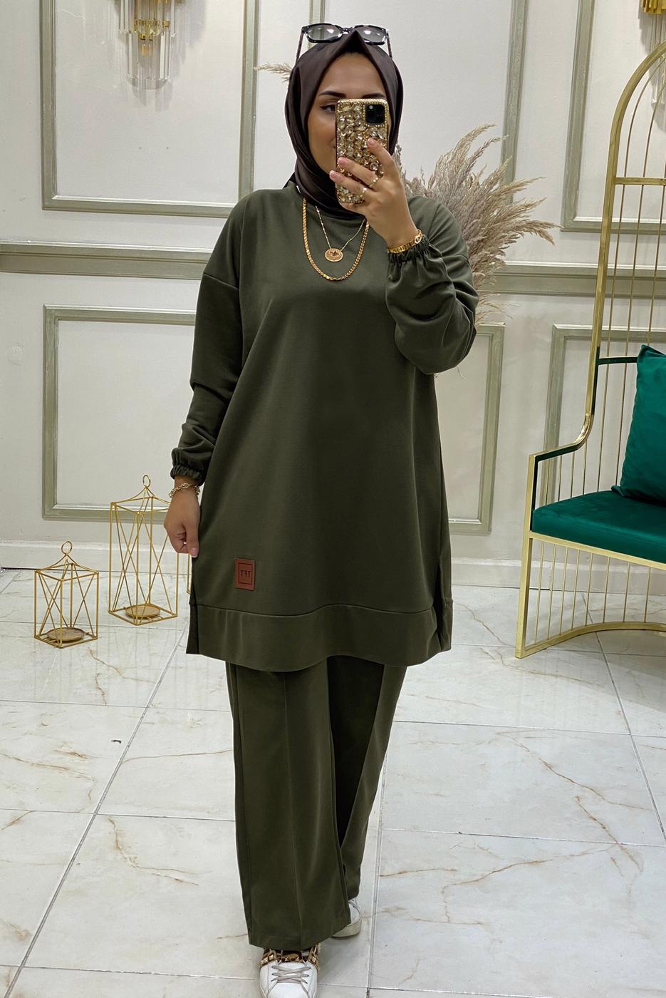 Tesettür giyim HAKİ BELİ LASTİKLİ PANTOLON TAKIMI T 3046 