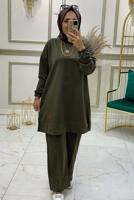 Tesettür giyim HAKİ BELİ LASTİKLİ PANTOLON TAKIMI T 3046 