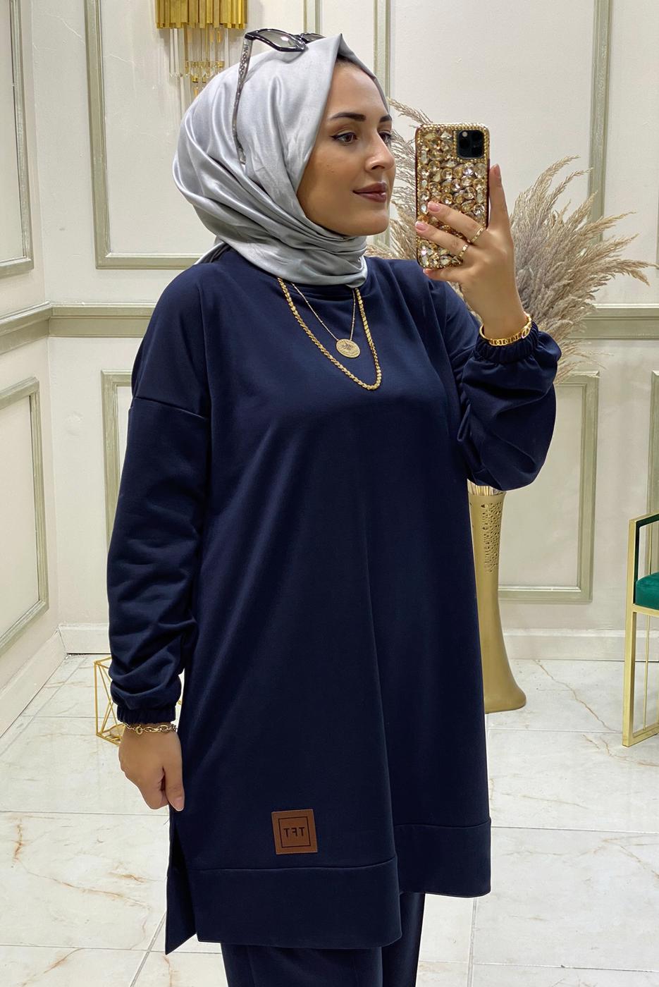 Tesettür giyim LACİVERT BELİ LASTİKLİ PANTOLON TAKIMI T 3046 