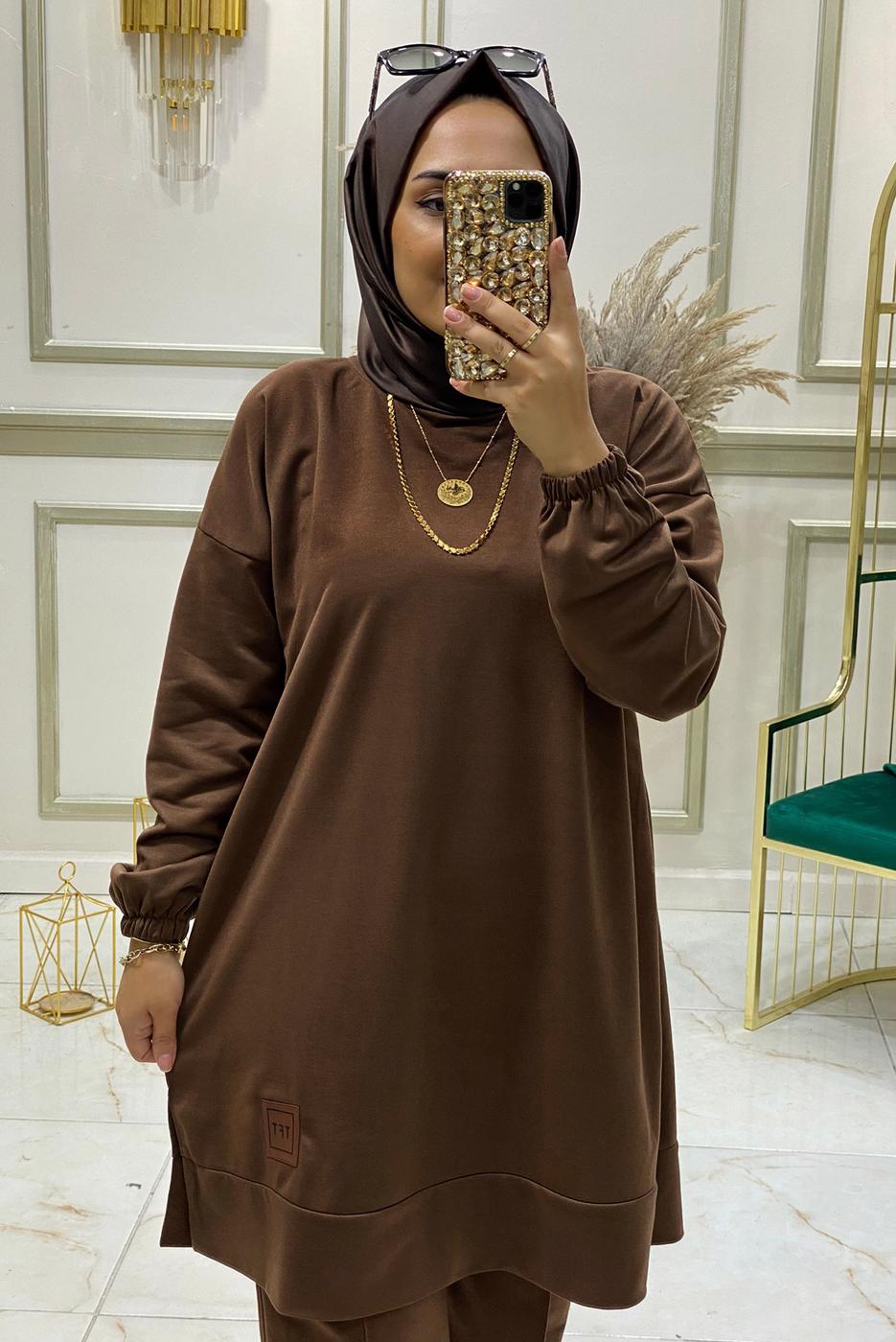 Tesettür giyim TABA BELİ LASTİKLİ PANTOLON TAKIMI T 3046 