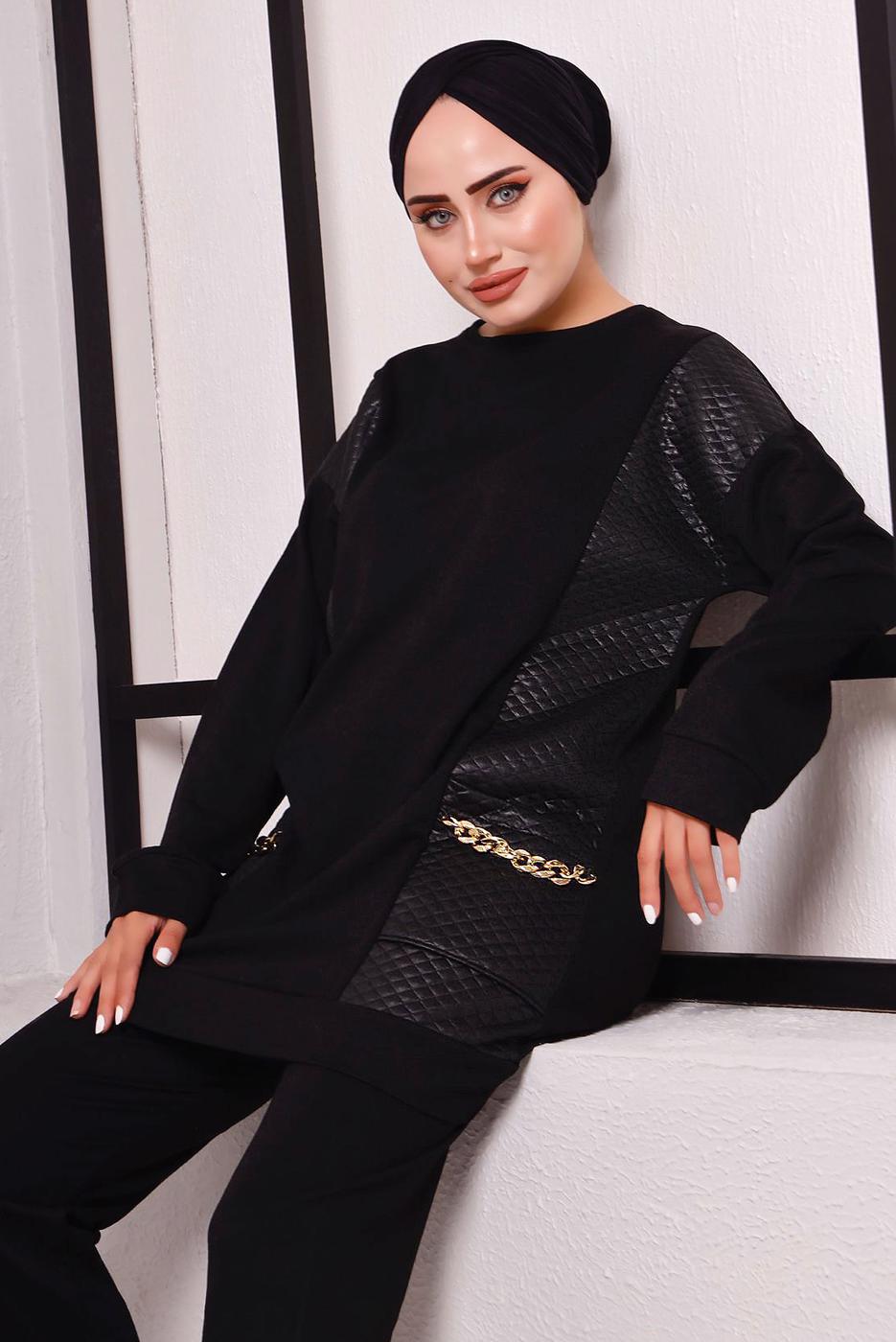 Tesettür giyim SİYAH CEPLERİ ZİNCİR DETAYLI İKİLİ PANTOLONLU TAKIM 3182 