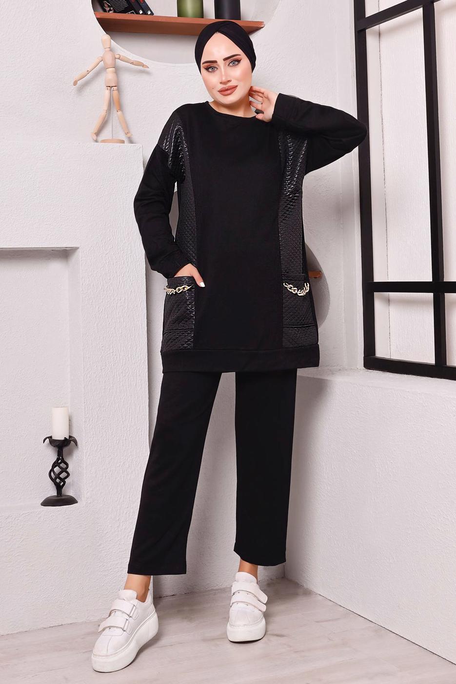 Tesettür giyim SİYAH CEPLERİ ZİNCİR DETAYLI İKİLİ PANTOLONLU TAKIM 3182 