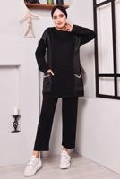 Tesettür giyim SİYAH CEPLERİ ZİNCİR DETAYLI İKİLİ PANTOLONLU TAKIM 3182 