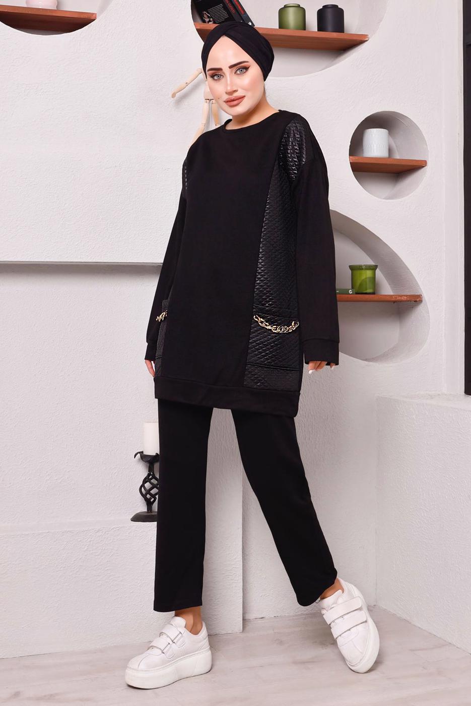 Tesettür giyim SİYAH CEPLERİ ZİNCİR DETAYLI İKİLİ PANTOLONLU TAKIM 3182 