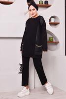 Tesettür giyim SİYAH CEPLERİ ZİNCİR DETAYLI İKİLİ PANTOLONLU TAKIM 3182 