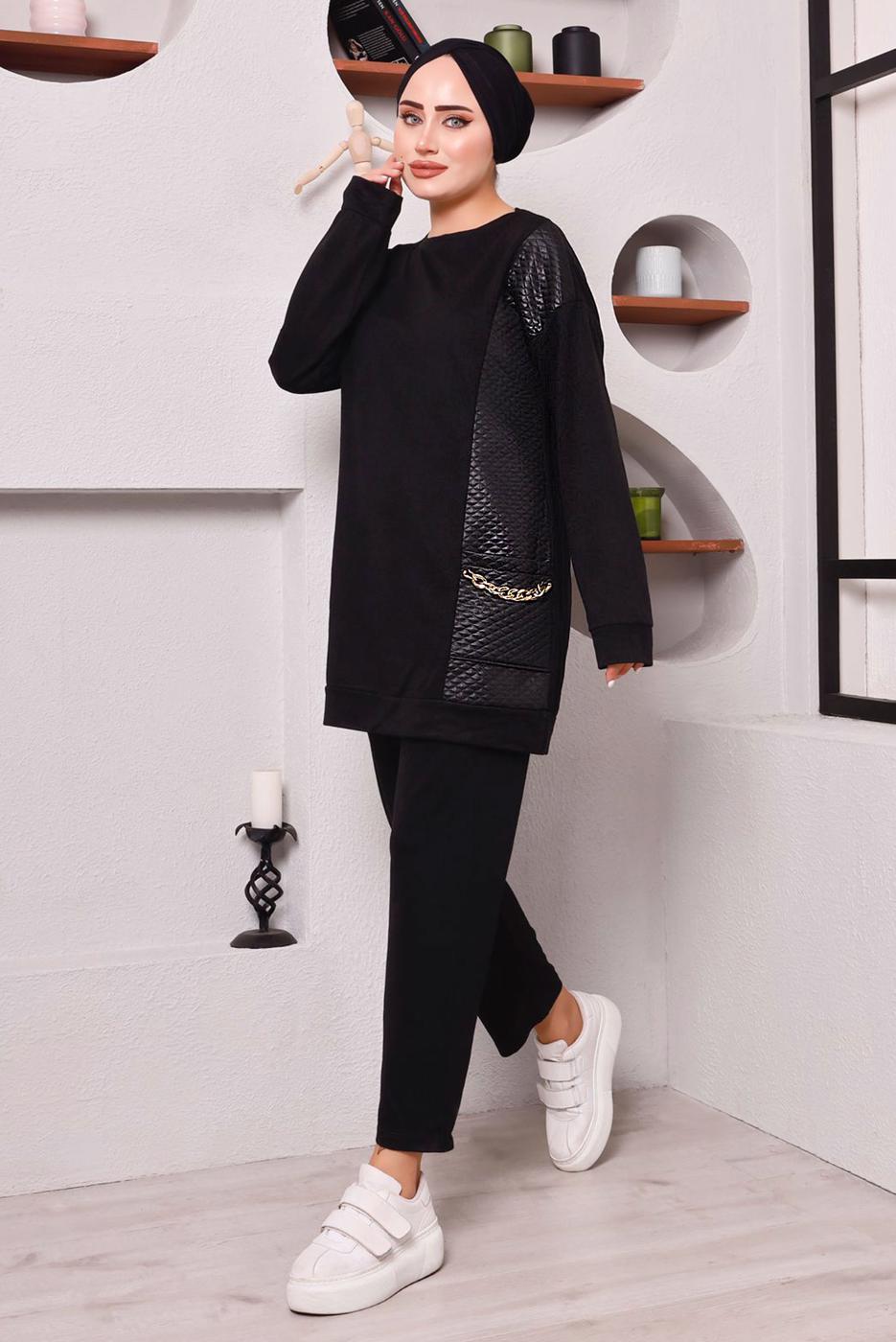Tesettür giyim SİYAH CEPLERİ ZİNCİR DETAYLI İKİLİ PANTOLONLU TAKIM 3182 