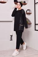 Tesettür giyim SİYAH CEPLERİ ZİNCİR DETAYLI İKİLİ PANTOLONLU TAKIM 3182 