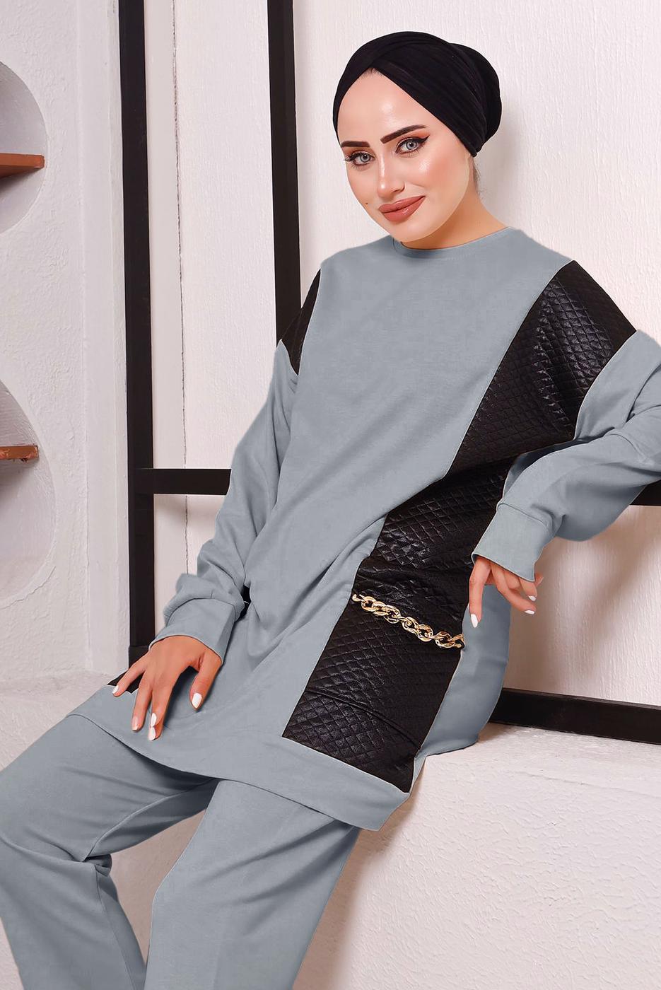 Tesettür giyim GRİ CEPLERİ ZİNCİR DETAYLI İKİLİ PANTOLONLU TAKIM 3182 