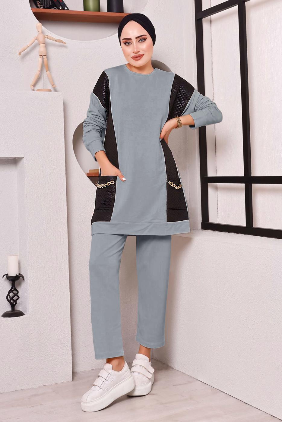 Tesettür giyim GRİ CEPLERİ ZİNCİR DETAYLI İKİLİ PANTOLONLU TAKIM 3182 