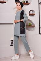 Tesettür giyim GRİ CEPLERİ ZİNCİR DETAYLI İKİLİ PANTOLONLU TAKIM 3182 