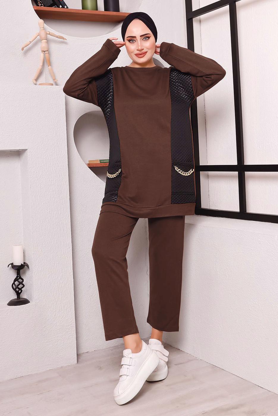Tesettür giyim KAHVE CEPLERİ ZİNCİR DETAYLI İKİLİ PANTOLONLU TAKIM 3182 
